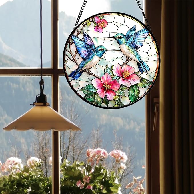 Stained Glass Window Hanging - Blue White Hummingbirds Pink Flowers Suncatcher for Door Terrace Garden Home Decor Bird Sun Catcher Birthday Gifts for Lovers Women Men Dad Mom Nana 7.8 in