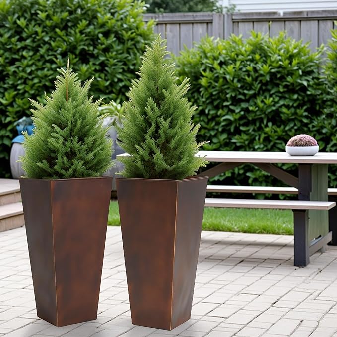 Worth Garden 12" Dia x 28" H Large Metal Planter Set of 2, Matte Bronze Retro Finish Tall Square Tapered Steel Plant Pots, Decor Flower Pots Indoor & Outdoor, Drainage Hole & Dual-Purpose Plant Saucer
