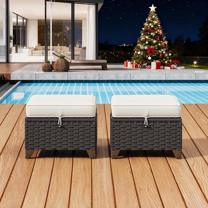 2 Pieces Patio Outdoor Ottomans with Removable and Washable Covers，PE Rattan Wicker Footstools for Porch, Garden, Sunroom (Beige)
