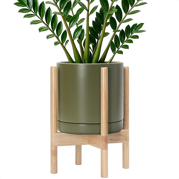 D'vine Dev Ceramic Planter with Natural Stand - 10 Inch Modern Round Flower Pot with Wood Planter Holder, Olive, 55-B-K-J