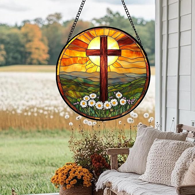 JOSUMALY Christian Gifts for Women - Cross Stained Glass Window Hanging Easter Daisy Natural Landscape Sun Catcher Garden Religion Decor Mother's Day Catholic Gift for Men Grandma Mom Her Nana 11.8"