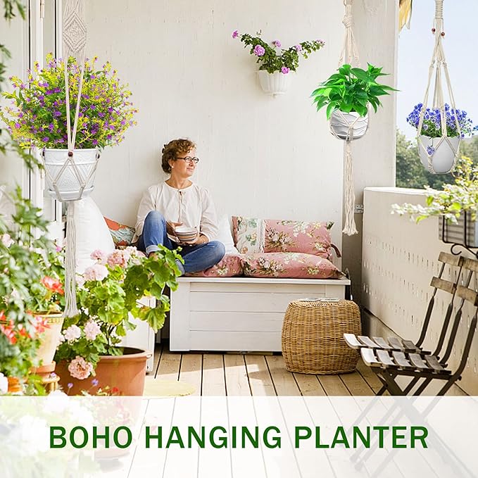 IGaiety Macrame Plant Hanger,7 Pack Plant Hanger Indoor Hanging Planters with 7Pcs Ceiling and S Hooks-Handmade Macromay Plant Hangers Outdoor Macrame Plant Holder for Boho Home Decor