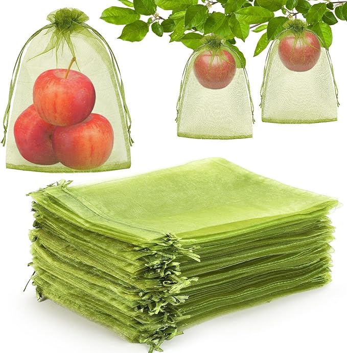 DECYOOL 120 PCS Fruit Protection Bags 8x12 inch, Green Fruit Bags for Fruit Trees Fruit Netting Cover Drawstring Mesh Bags Suit for Mangoes Tomatoes Fruit Trees Veggies Garden