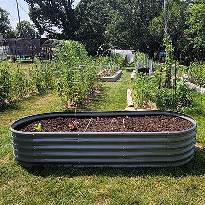 1 Pack 8x3x1.5FT Galvanized Raised Garden Bed Kit Oval Metal Ground Planter Box Outdoor Bottomless Planter Raised Beds for Vegetables Flowers Herbs Fruits, Gray
