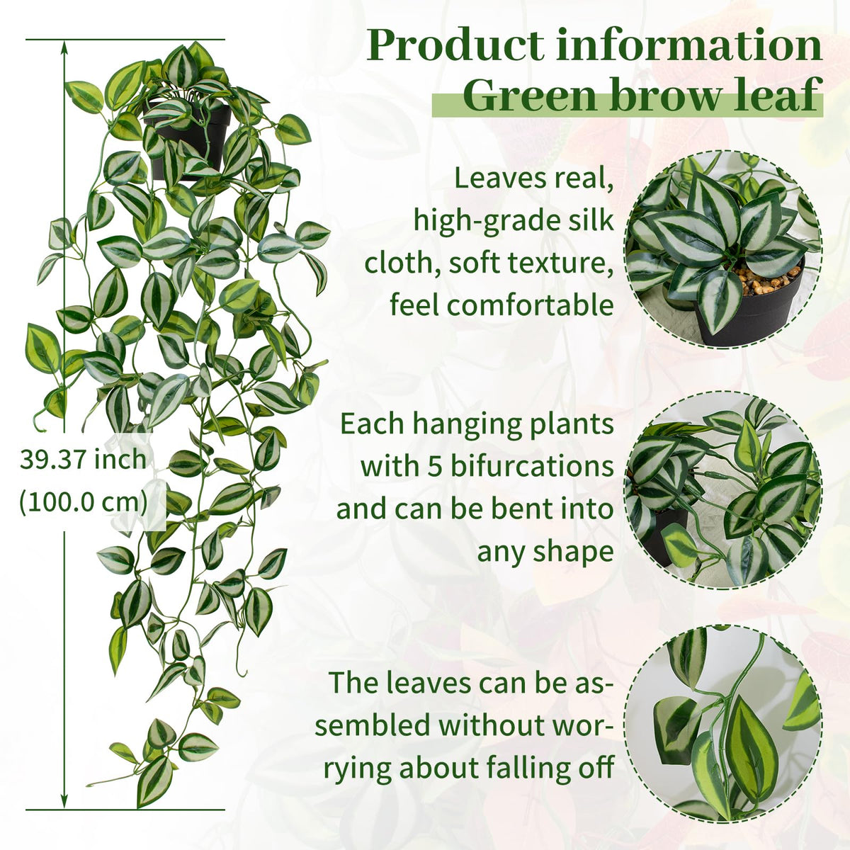 LUZOGA Artificial Plants Indoor Small Potted Hanging Vine plnat 39-in Long Fake Green Eyebrow Leaf Plant Faux Trailing Plant for Home Office Livingroom Desk Shelf Mantle Decoration (Black Pot)