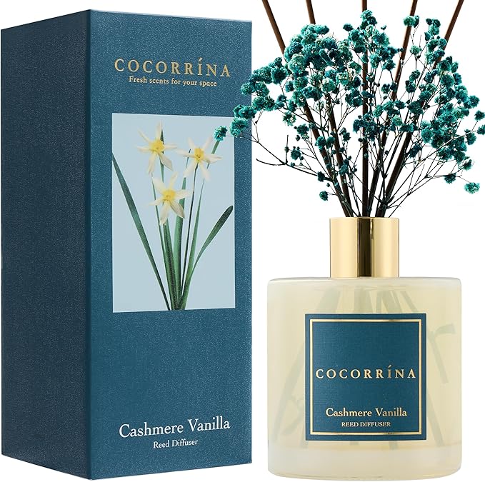 COCORRÍNA Reed Diffuser - Cashmere Vanilla 17 Fl.oz Reed Diffuser with 8 Sticks Scented Diffuser with Preserved Flowers for Bathroom Home Decor