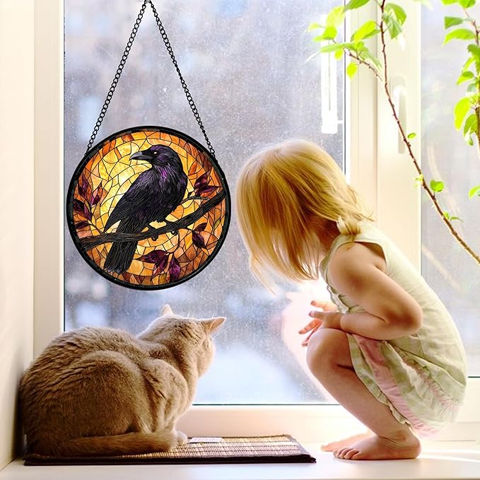 DASTOLL Stained Glass Window Hanging - Crow on a Branch Suncatcher Ready to Hang Window Doors Home Decoration and Christmas, Mother's Day Birthday Gifts for Women, Men, and Mom 7.8x7.8 in