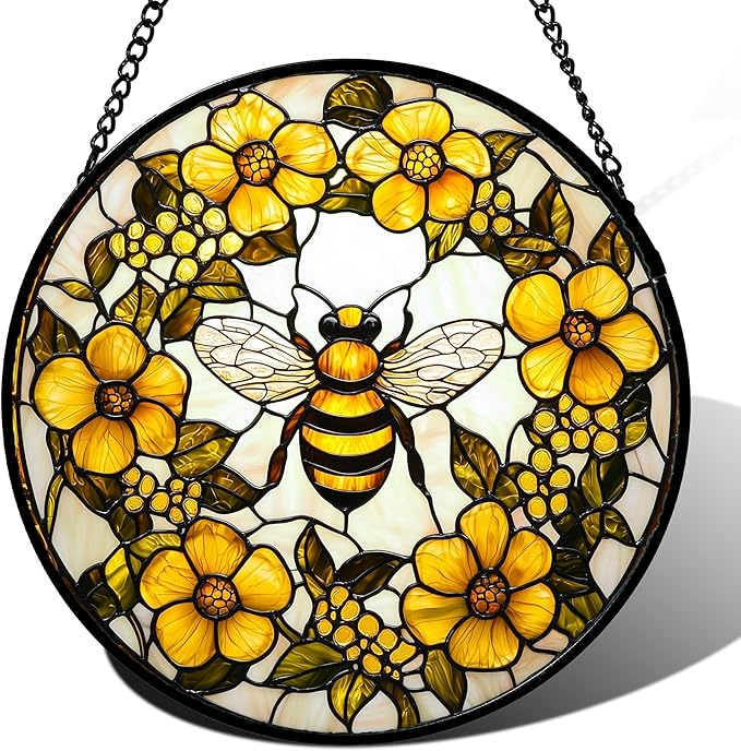 Stained Glass Window Hanging - Yellow Flowers Surrounded by Bees Sun Catcher for Door Garden Home Decor Cute Suncatcher Christmas Mother's Day Birthday Gifts for Women Men Mom Nana 11.8 in