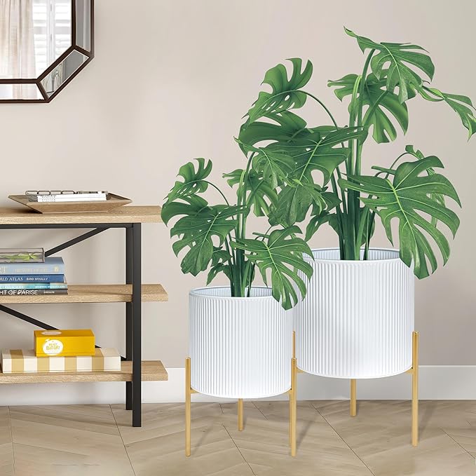 ARNIS Modern Plant Pots, Set of 2 Round Large Planters with Stand, Large Size Metal Pots with Drainage Holes for Living Room, Office, Garden or Balcony, 10.5 &12.25 Inch, White & Gold