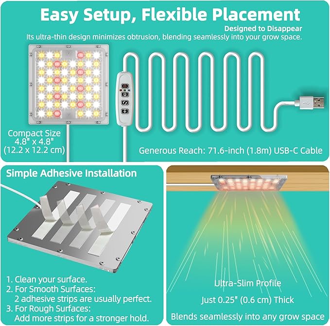 Dual Head LED Grow Light for Indoor Plants, Full Spectrum Under Cabinet Plant Light for Shelves, High PPFD Spotlight Puck with Timer & Dimmer, Stick-On Lamp for Succulents, Terrarium & Mini Greenhouse