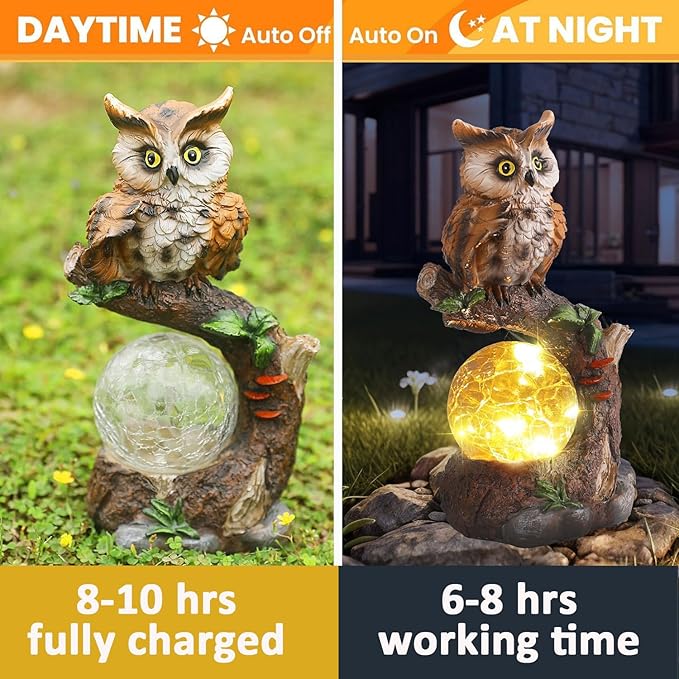 Solar Garden Outdoor Statues, Owl Garden Statue with Solar Glass Ball Light Lantern Outdoor Decor, for Lawn,Yard, Unique Housewarming Gift for Women Mother Mom