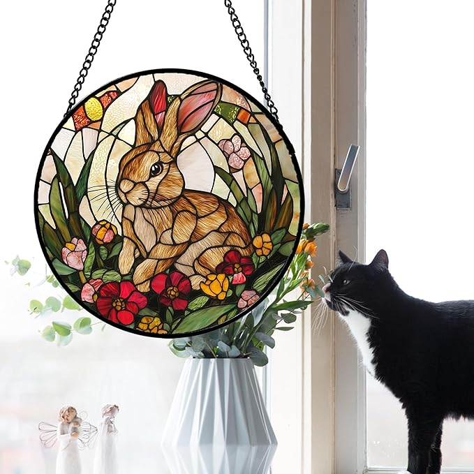 AMDERVEN Stained Glass Window Hanging, Cute Bunny Flowers Sun Catcher for Window Door Home Decor, Rabbit Suncatcher Christmas Mother's Day Birthday Gifts for Women Men Mom and Nana 15 in
