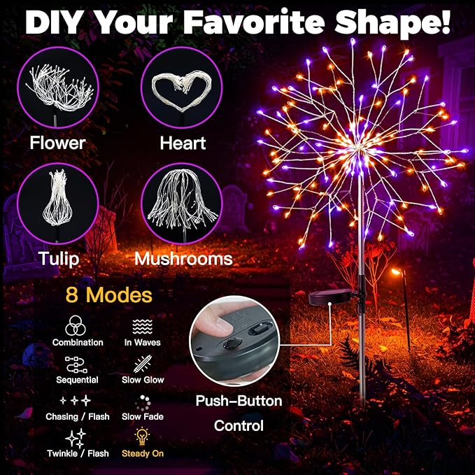 suddus Solar Halloween Lights Outdoor Solar Powered, Upgrade 2-Pack Orange & Purple Solar Firework Lights, Waterproof Garden Light for Yard Pathway Patio Flowerbed Halloween Decorations
