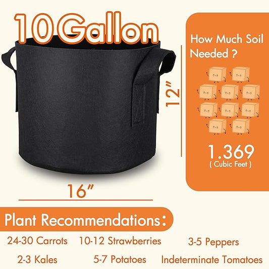 Gardzen 10-Pack 10 Gallon Grow Bags, 300G Thickened Aeration Fabric Pots with Handles, Heavy Duty Cloth Pots for Plants