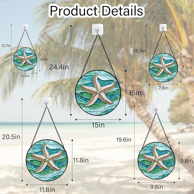 DASTOLL Stained Glass Window Hanging Teal Sea Waves Starfish 7.8" - Suncatcher Door Garden Sun Catcher Home Decor Birthday Mother's Day for Mom Men Woman Parents Her Child Nana