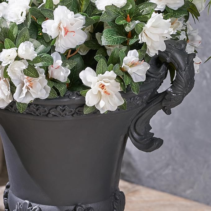 Merax 19.25'' Tall Elegant Roman Style Lightweight Concrete Planter with Botanical Accents, Square Indoor Outdoor Flower Pot with Drainage Hole & Stopper, Black