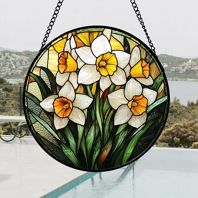 AMDERVEN Stained Glass Window Hanging, Yellow and White Daffodils Sun Catcher for Door Home Decor Plants Flowers Suncatcher Christmas Mother's Day Birthday Gifts for Women Men Mom Nana 7.8 in