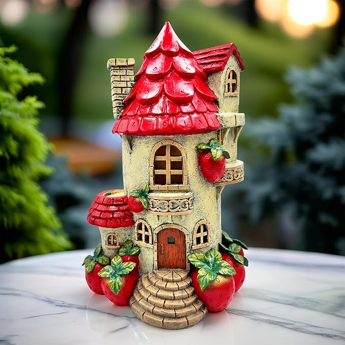 OrnamentallyYou Spring & Summer-Themed Garden Statues – Adorable Outdoor Decor for Lawn, Patio & Porch (Solar Powered Strawberry Fairy Home Garden Statue, 10" Unique Spring Decoration)