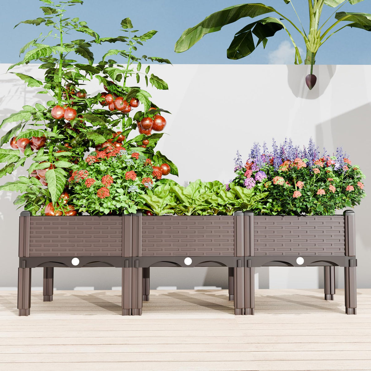 Growchum Modular Raised Garden Bed Kit – DIY Stackable Plant Stand with Self-Watering, 47.24"x15.75"x14.17" Brown Plastic Planter for Herbs, Veggies & Flowers, Includes Vertical Trellis System