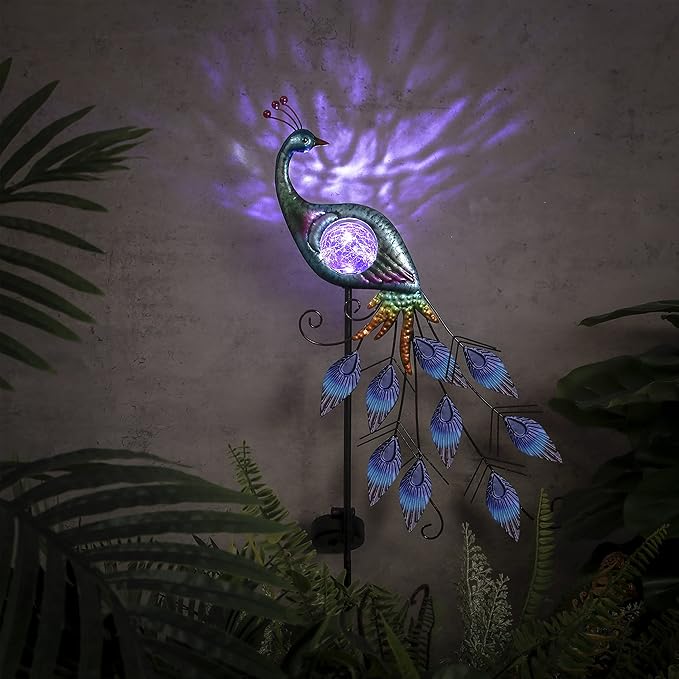 TERESA'S Collections Yard Decorations Outdoor for Garden Decor, Peacock Solar Outdoor Lights, 35.4'' Metal Lawn Ornaments for Outside with Crackle Glass Ball, Decorative Stake Gifts for Mom