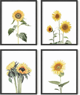 HAUS AND HUES Sunflower Posters - Set of 4, Floral Bedroom Decor, Sunflower Paintings for Wall, Yellow Kitchen Art (8x10, Black Frame)