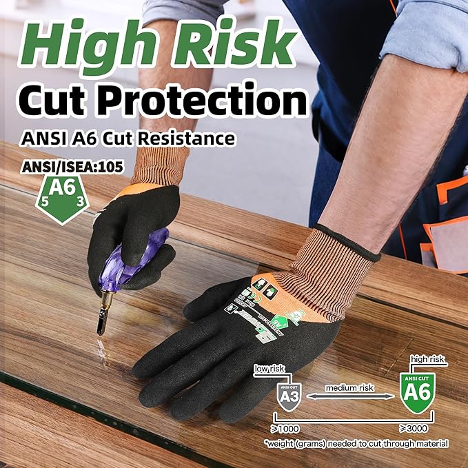 Schwer ANSI A6 Cut Resistant Gloves, CR3709 Cut Proof Work Gloves, Touch-screen Cutting Gloves, 3/4 Dipped Coating for Woodworking, Glass Metal Cutting, Construction, Fishing, M,1 pair