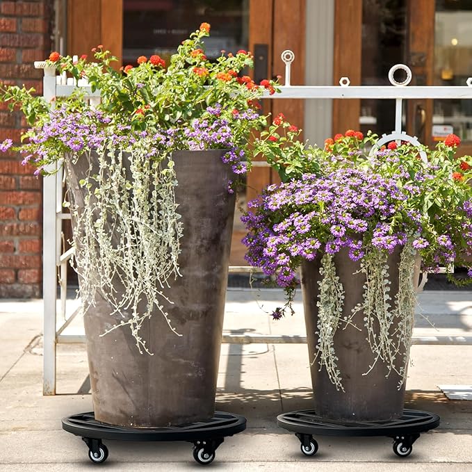 Hongsane 18" Round Plant Stand with Wheels Heavy Duty,Large Metal Plant Caddy Indoor Outdoor Use,Rolling Plant Dolly with Industrial Casters,Rust-Proof Black Plant Tray for Large Planters Pots,2-Pack