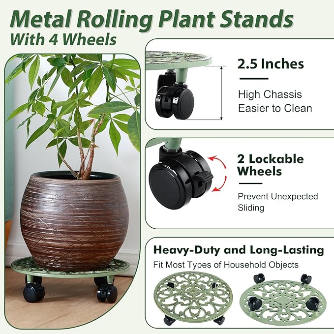14 Inch Rolling Plant Stand with Wheels Metal Plant Caddy with Wheels Heavy Duty Round Plant Stand Indoor Iron Plants Rollers for Plants, Retro Green Plant Dolly 1 Pack
