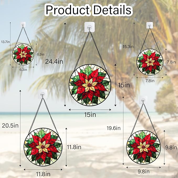 AMDERVEN Stained Glass Window Hanging - Red Poinsettia Birth Flower Sun Catcher for Door Garden Home Decor Suncatcher Christmas Mother's Day Birthday Gifts for Women Men Mom Girl Nana Friend 15 in