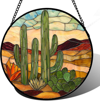 JOSUMALY Stained Glass Window Hanging, Green Cactus Sun Catcher for Door Terrace Garden Home Decor, Abstract Desert Landscape Suncatcher Birthday Gifts for Lovers Women Men Dad Mom Nana 7.8 in