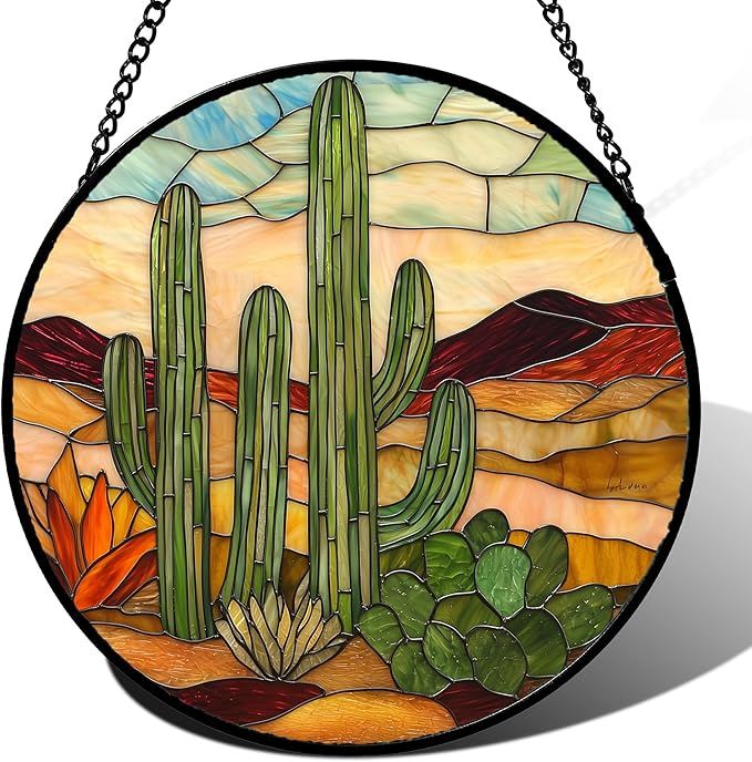 JOSUMALY Stained Glass Window Hanging, Green Cactus Sun Catcher for Door Terrace Garden Home Decor, Abstract Desert Landscape Suncatcher Birthday Gifts for Lovers Women Men Dad Mom Nana 11.8 in