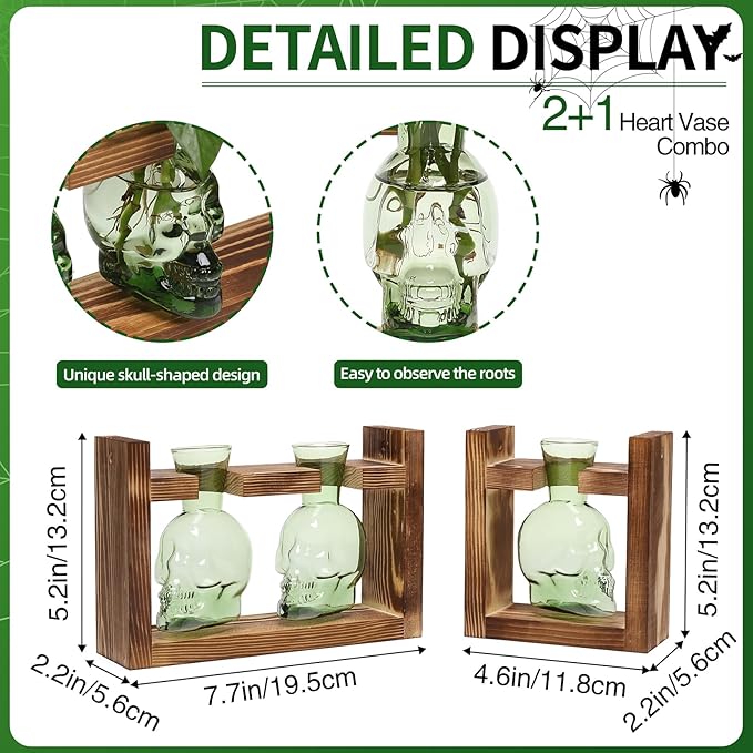 2+1 Plant Terrarium Plant Propagation Station Gifts for Father Halloween Skull Home Office Decor with Wooden Stand