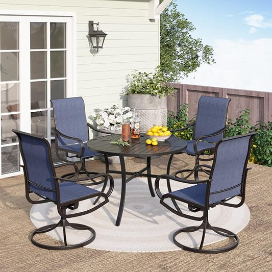 PHI VILLA 5 Piece Patio Dining Set with 4 Outdoor Swivel Dining Chairs & 1 Large Round Dining Table, All Weather Blue Textilene Mesh Fabric Chair and Round Metal Table for Deck Lawn Garden
