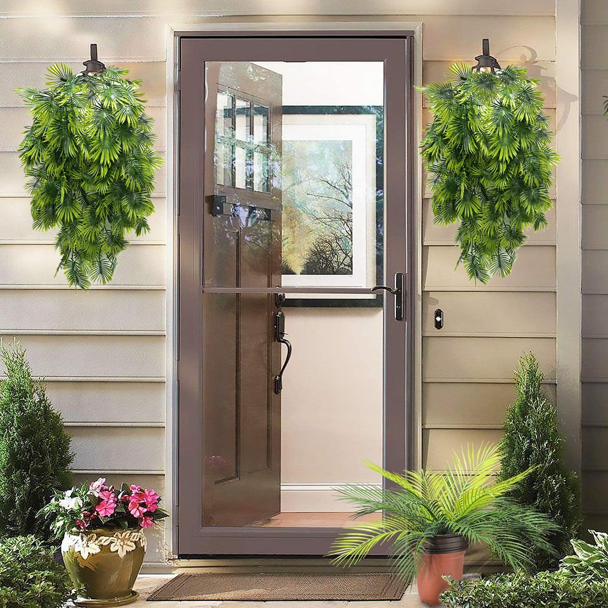 PASYOU Artificial Hanging Vines Plants, Fake Tropical Ivy Plant Faux Greenery Fan Leaves Vine Plastic Foliage Boston Fern Leaf for Indoor Outdoor Garden Wedding Party Christmas DIY Decoration 4 Pack