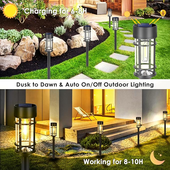 Mancra Solar Pathway Lights, 8 Pack LED Solar Lights Outdoor Waterproof, Glass Metal Garden Lighting for Yard Path Landscape Lawn Walkway Driveway, 3000K