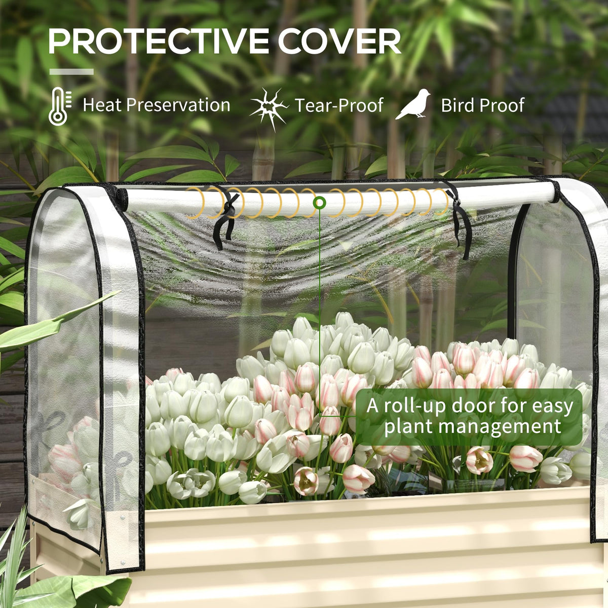 Outsunny Raised Garden Bed with Cover and Storage Shelf, Cream