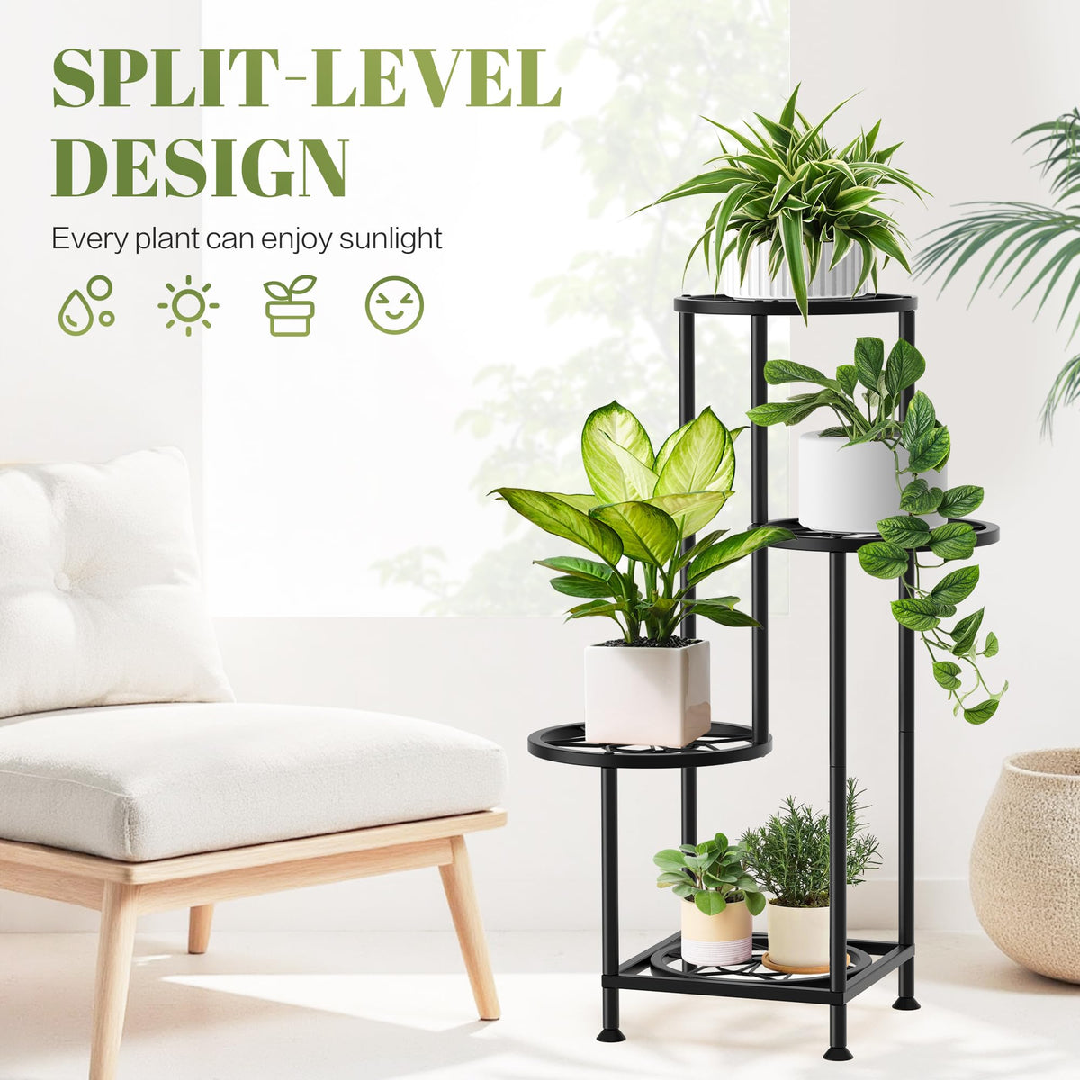 YOCOMEY 4 Tier Plant Stand Indoor Outdoor, Metal Shelf Holder Corner Black