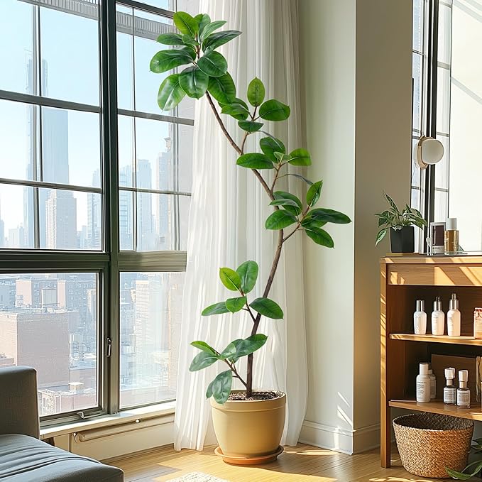 6.6ft Artificial Rubber Tree Faux Plants Indoor Faux Floor Artificial Trees Indoor,Fake Plant Fake Tropical Plants,Large Floor,Real Touch Rubber Tree for Home Decor