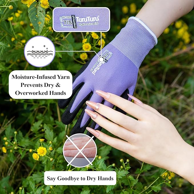 HandLove 2 Pairs Gardening Gloves for Women-Moisturizing Durable Work Gloves.Latex-freeSandy Nitrile Coated for Yard Garden,Touchscreen Friendly Protective Work with Grip, Small,Blue&Purple