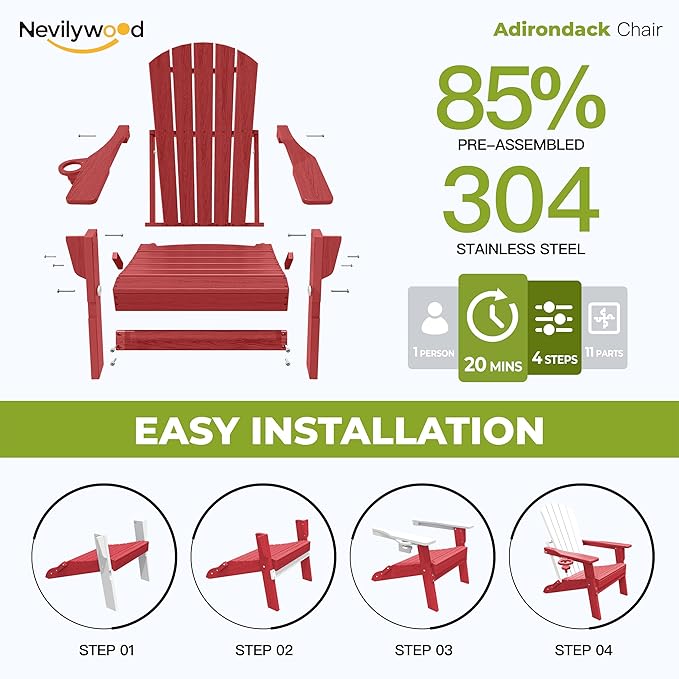 nevilywood Folding Adirondack Chair with Cup Holder Set of 4, HDPE Patio Chairs,All-Weather Outdoor Chairs for Backyard, Deck,Fire Pit-Red