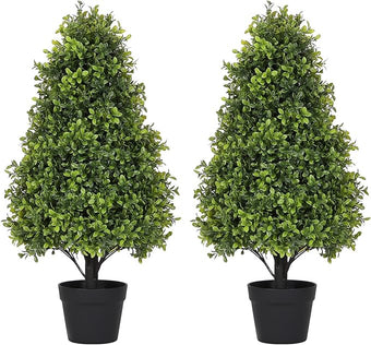 Azoco 30" Artificial Boxwood Faux Plants Outdoor, UV Resistant Topiary Trees Realistic Cone-Shaped Fake Bushes and Shrubs Potted Fakeplants Set of 2 for Front Porch Patio Outside Planter Decor