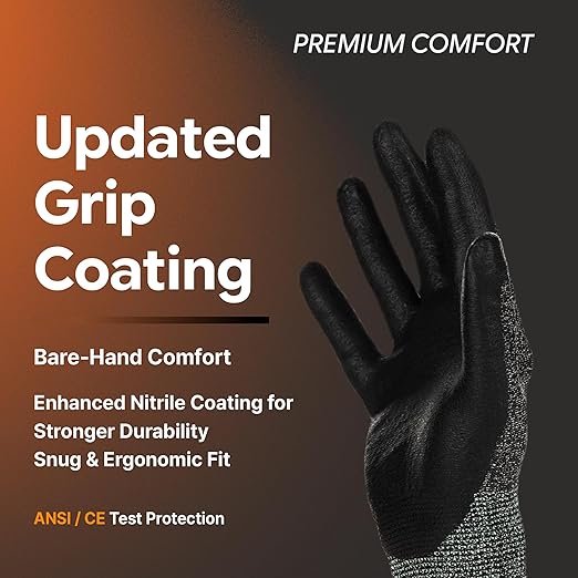 DEX FIT Nitrile Work Gloves FN330, 3 Pairs, 3D-Comfort Stretchy Fit, Firm Grip, Thin & Lightweight, Touch-Screen Compatible, Durable, Breathable & Cool, Machine Washable; Black Grey L (9)
