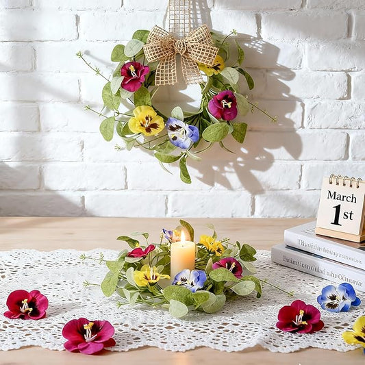 4 PCS Mini Spring Summer Kitchen Cabinet Wreaths Small Pansy Flowers Wreath for Front Door with Fern Branches Ribbon Small Flocked Lamb Ear Leaves Wreath for Indoor Outdoor Farmhouse Porch Wall Decor