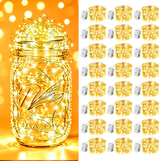 24 Pack Fairy Lights Battery Operated - 3 Modes - 7ft 20 LED Mini Twinkle String Lights Waterproof Silver Wire Firefly Starry Lights for Wedding Party Mason Jars Christmas Decorations, Warm White