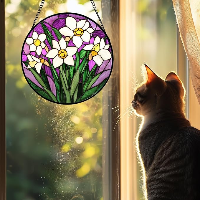 AMDERVEN Stained Glass Window Hanging 4 Pcs Set Tulips Plum Flower Daffodils Hyacinths Large 11.8" - Suncatcher Door Garden Sun Catcher Decor Birthday Mother's Day for Mom Woman Nana