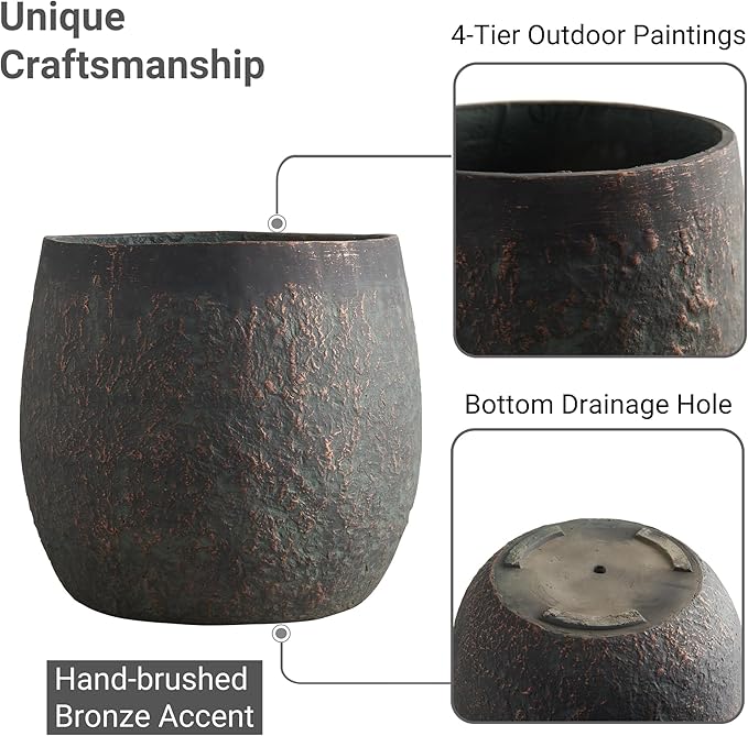 Wallowa Large Outdoor Planter, 17.32"+12.99"+9.06" Dia Round Weathered Concrete Planter Set of 3, Flower Pots with Drainage Holes, Sealing Plug for Garden, Patio, Home, Office, Greenish Bronze Rust