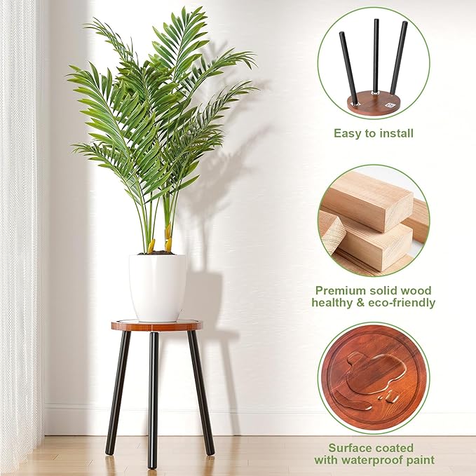 Vecxoty 2-Pack Wood Plant Stands Indoor, 16.7" Tall Plant Stand Outdoor Mid-Century Plant Stool, Single Plant Table Modern Small Round Side/End Table for Living Room, Balcony, Office(Brown)