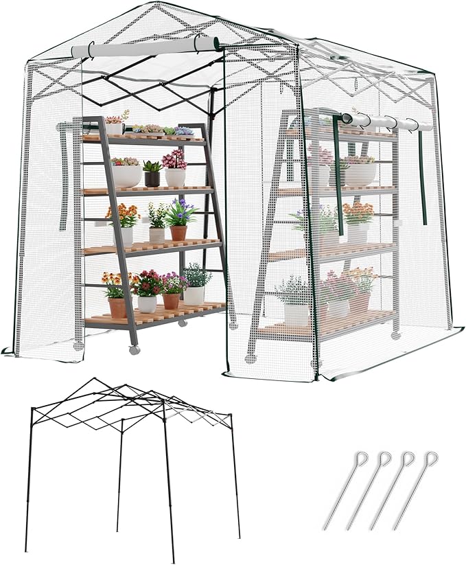 8.7x6.6x7 ft Walk-in Greenhouse, Portable Plant Hot House with Zipper Windows & Doors, Heavy-Duty PE Cover & Steel Frame, for Garden, Backyard