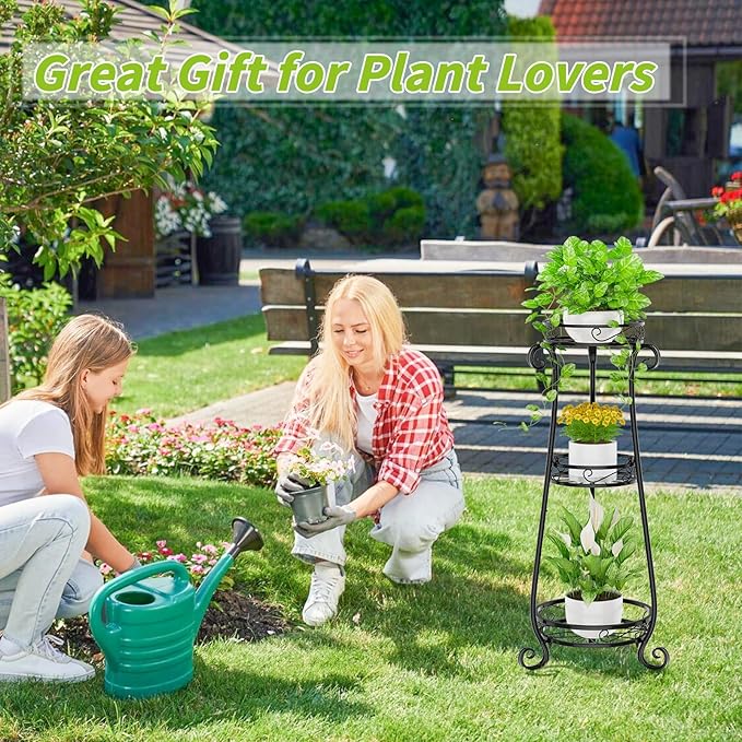 KMOTASUO 3 Tier Metal Plant Stand Indoor, 34 Inch Tall Corner Plant Stands for Indoor Plants, Flower Pot Holder Shelf Display Rack for Balcony Garden Patio Living Room(Black)