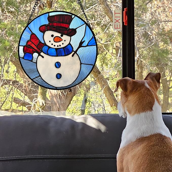 AMDERVEN Stained Glass Window Hanging 4 Pcs Set Blue White Christmas Snowman Snowflake 7.8" - Suncatcher Door Garden Sun Catcher Decor Birthday Mother's Day Xmas Gifts for Mom Woman Nana Men